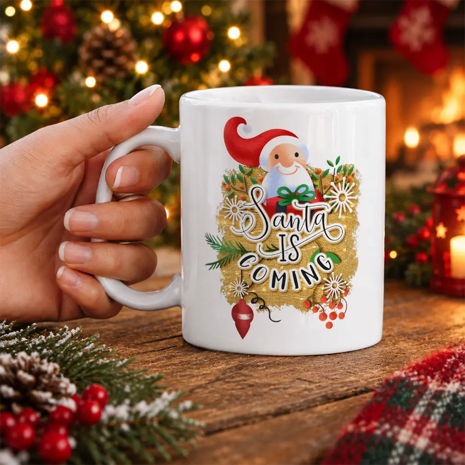 White ceramic mug featuring Santa Claus graphic with Santa Is Coming text and festive Christmas pine and berry accents.