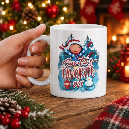 White ceramic mug featuring Santa's Favorite Boy text graphic with a happy child, snowman, and pine trees.