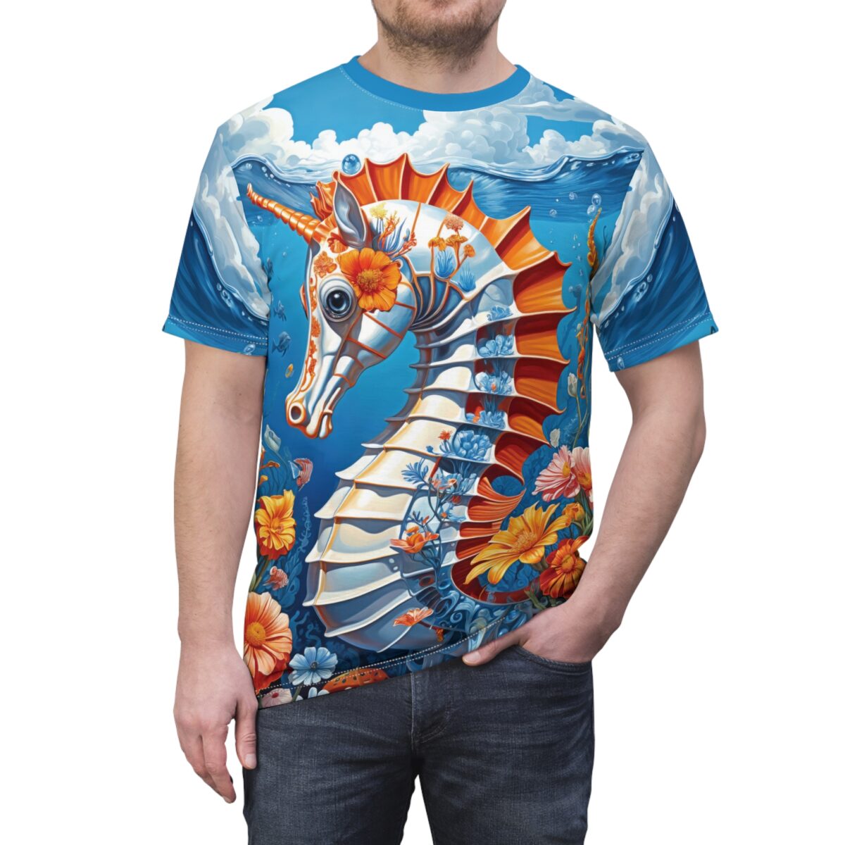 Unicorn seahorse with floral accents and ocean wave pattern on all over print sublimation tee.