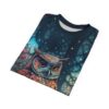 Vibrant owl graphic sublimation tee featuring a dark forest with glowing lights and floral accents, all over print design.