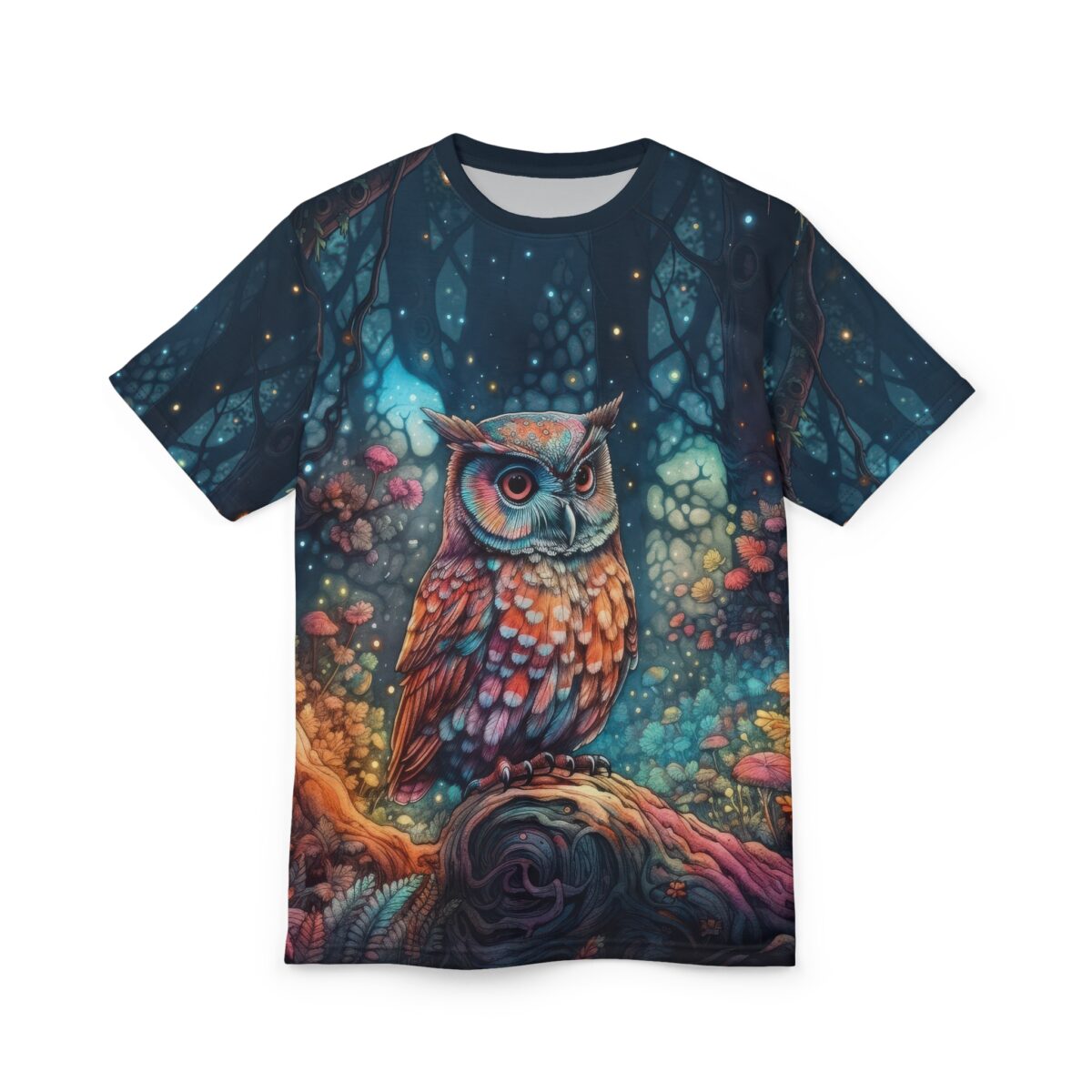 Vibrant owl perched on a log in a magical forest, detailed all over print sublimation tee with glowing lights and colorful flowers.