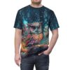 Vibrant owl perched on a tree branch in a mystical forest, sublimation tee with all over print design.