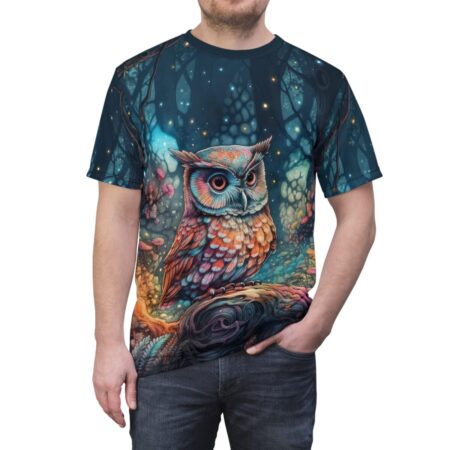 Vibrant owl perched on a tree branch in a mystical forest, sublimation tee with all over print design.