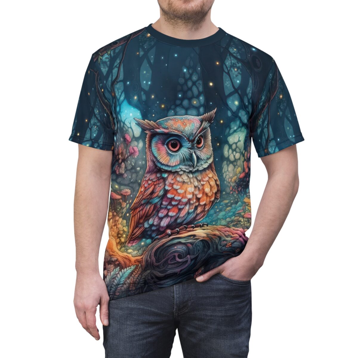 Vibrant owl perched on a tree branch in a mystical forest, sublimation tee with all over print design.