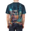 Vibrant all over print sublimation tee featuring a colorful owl on a mystical forest branch, with glowing accents and dark trees.