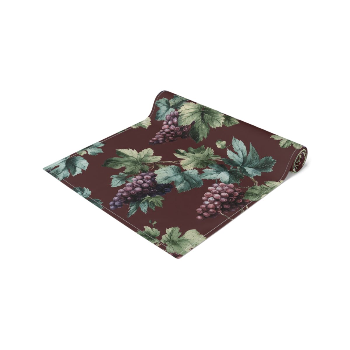 Burgundy table runner featuring a vintage botanical print of purple grapes and green leaves. Seamless wrap around vine design.