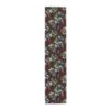 Table runner featuring a vintage grape vine pattern with purple grapes and green leaves on a dark red background.