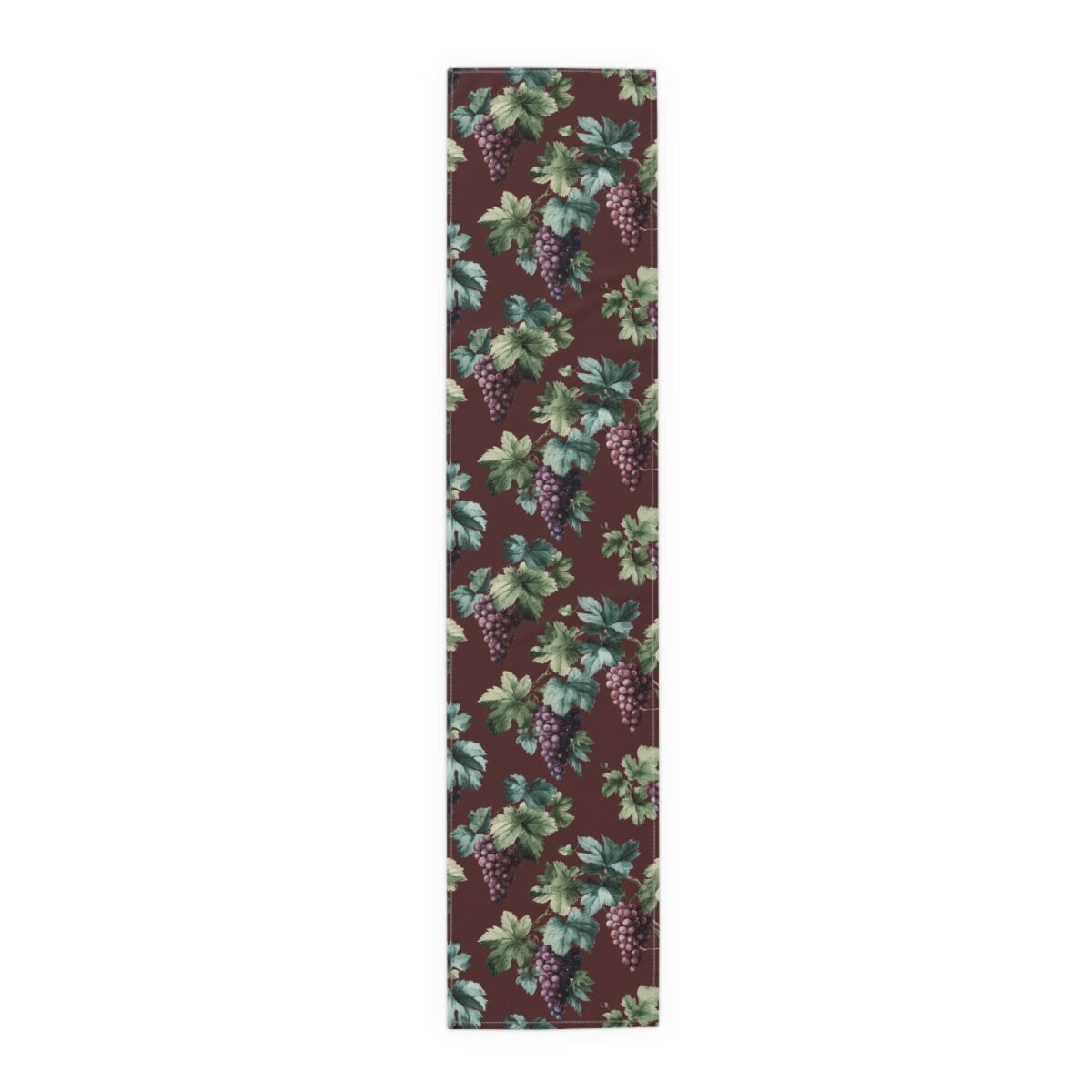 Table runner featuring a vintage grape vine pattern with purple grapes and green leaves on a dark red background.